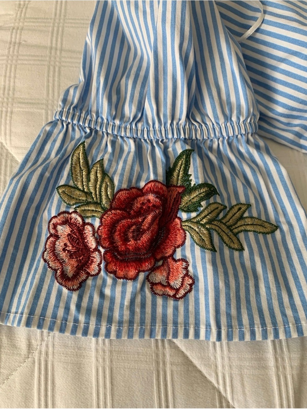 Ambiance Light Blue and White Striped Off-Shoulder Blouse - Picture 4 of 6